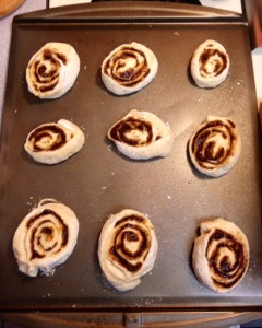 Sliced rolls on pan