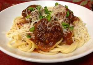 Plated spaghetti and meatballs